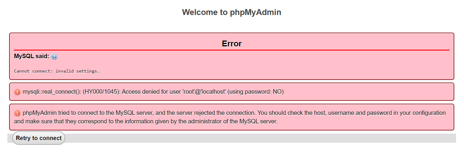 XAMP 後開啟 phpMyAdmin 後發生資料庫連線錯誤