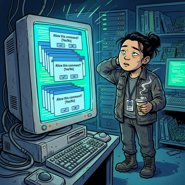終端機不斷彈出許可確認對話框,工程師疲憊地等待 AI 執行命令