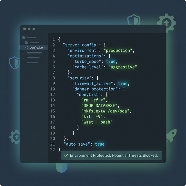 settings.json 設定檔顯示 turbo 模式與 denyList 黑名單配置,保護系統安全