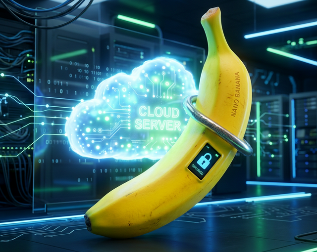 亮黃色數位香蕉造型鎖頭,象徵 SaaS 雲端服務的脆弱資安防線 (AI Generated)