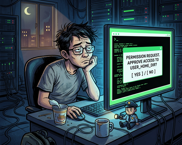 工程師疲憊坐在電腦前守著終端機許可彈窗,AI 一直要求允許命令