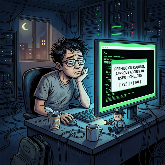 工程師疲憊坐在電腦前守著終端機許可彈窗,AI 一直要求允許命令