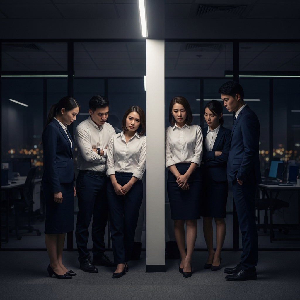 圖 4：東方職場中弱勢者被逼到角落，周圍強勢同事形成壓迫半包圍