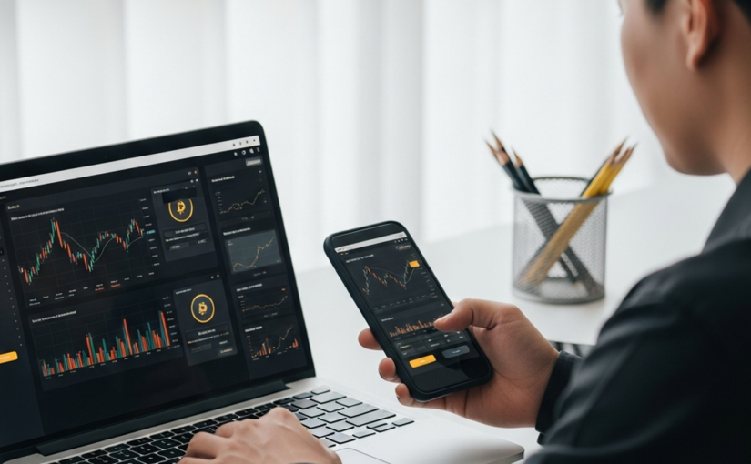 東亞年輕學習者在桌前以筆電與手機學習加密貨幣入門的金融教育情境圖