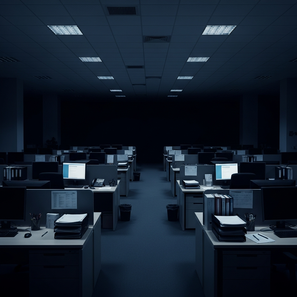 圖 5：空無一人的大型辦公室，前景仍整齊，遠處被黑暗吞沒，無出口光