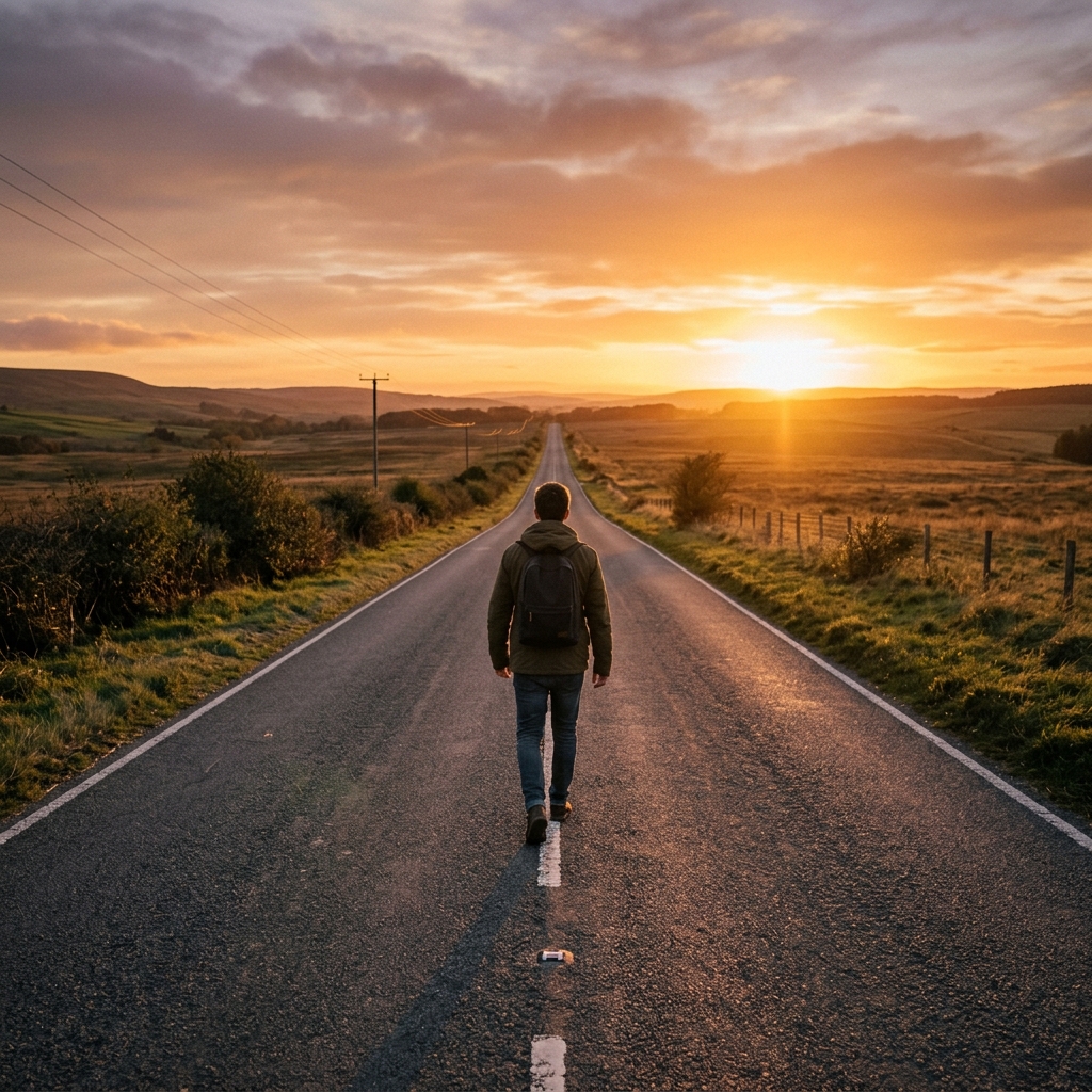 一個人獨自走在通往光明的長路上，象徵台灣中小企業技術服務商決定離開 Google 生態系，從容轉型