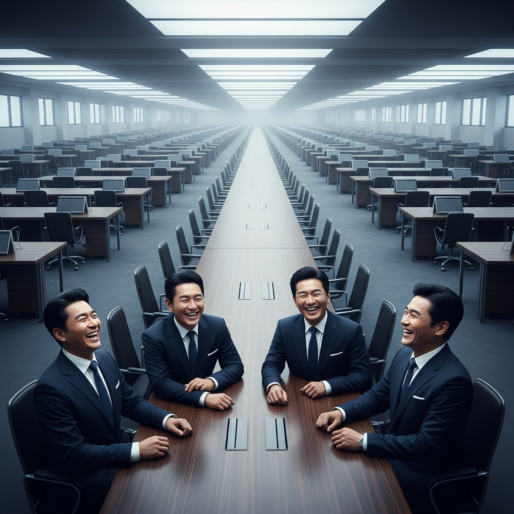 封面：三位東方權勢人物在無限延伸的超長會議桌前談笑，後方是大量空桌與空椅，冷調電影感