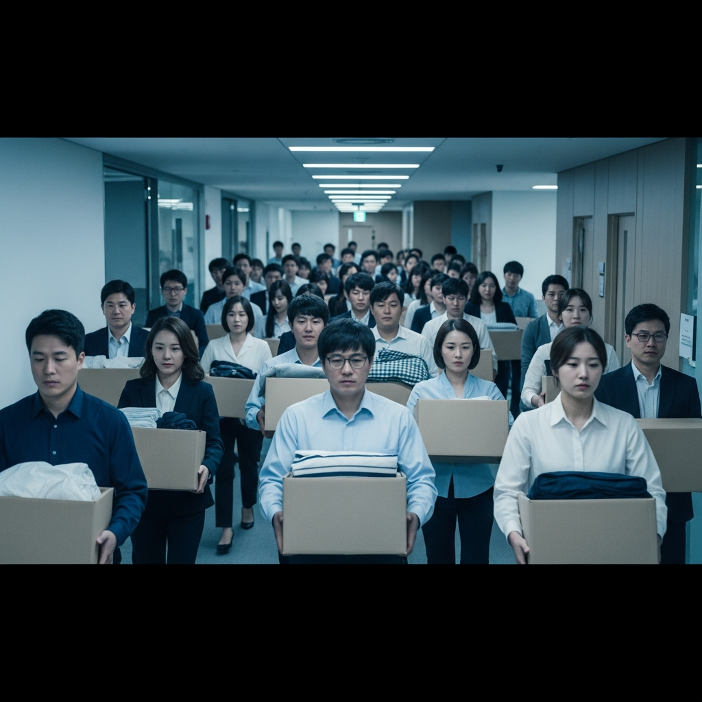 圖 2：大量東方員工抱著紙箱同步離開辦公室，呈現制度性清退與集體撤離