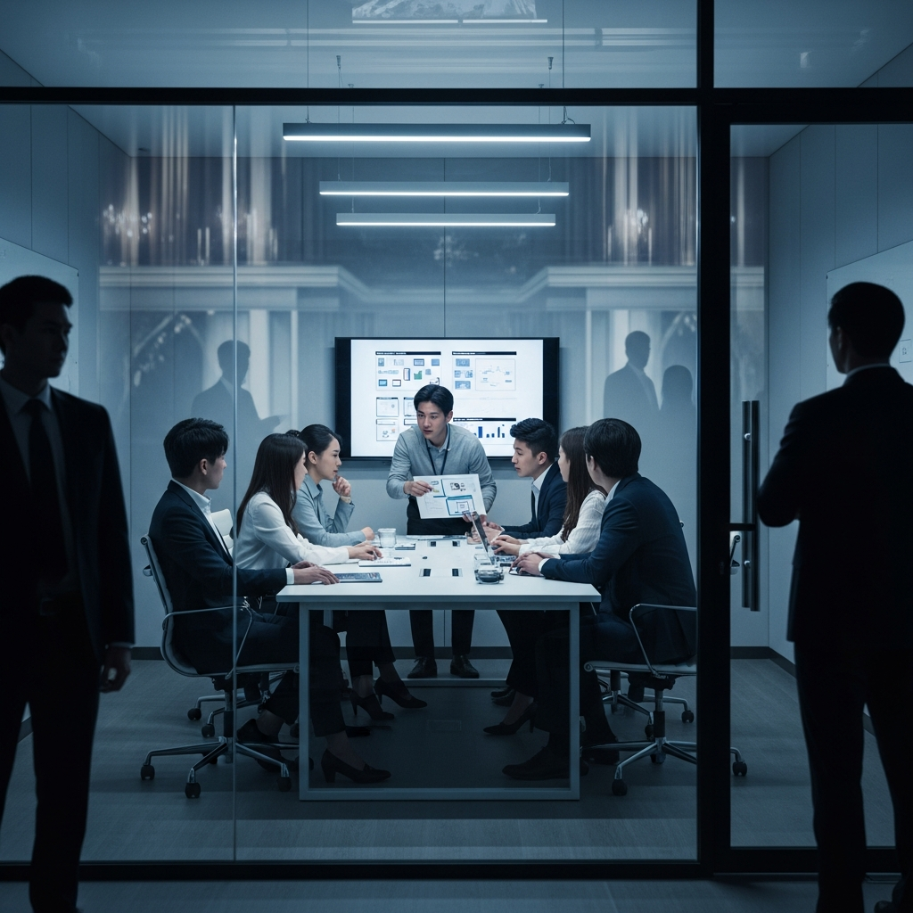 圖 3：東方新創團隊在會議室討論產品，玻璃外有權力空間的人影注視，氣氛不安