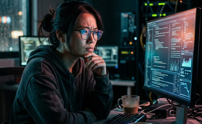 開發者看著兩個AI模型光芒的懷疑時刻