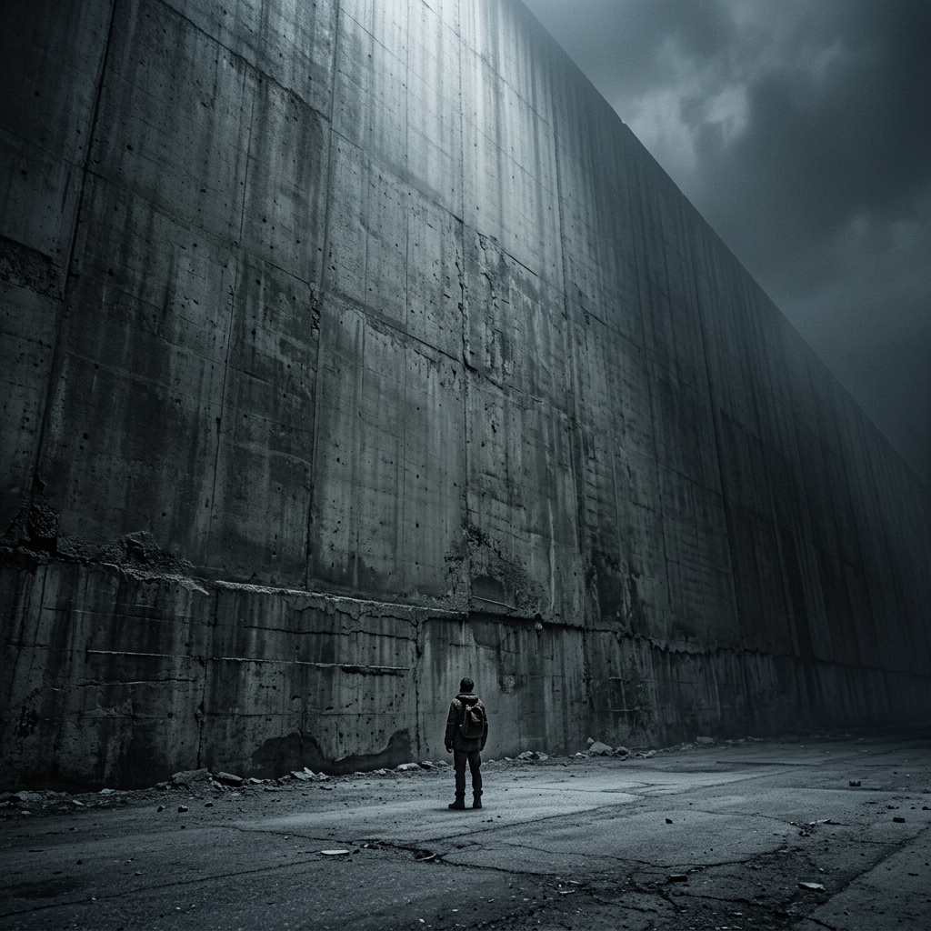 一個渺小的身影站在無法攀越的高牆前，象徵 Google Y26 對中小企業設下的不合理商業門檻